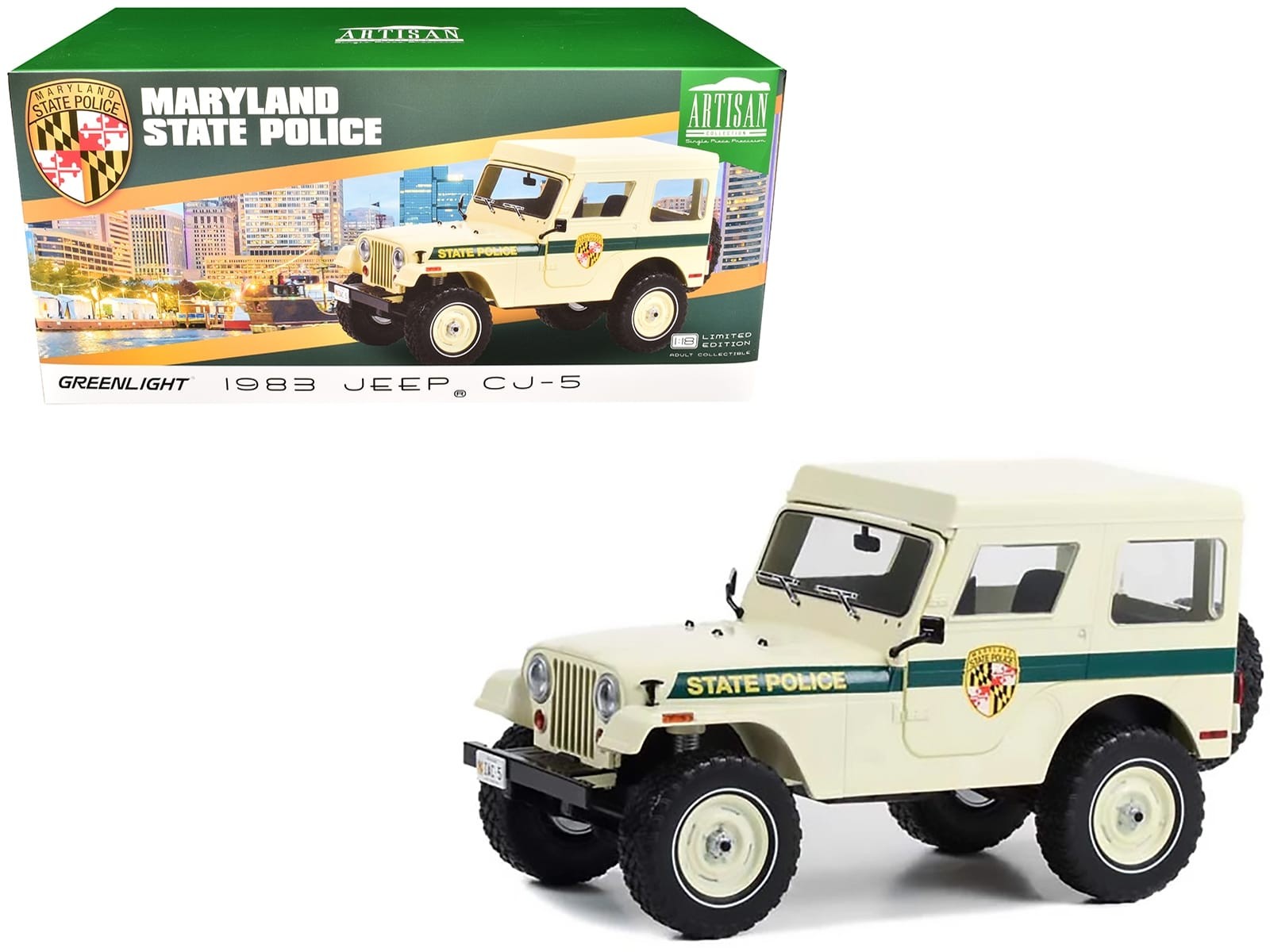 Greenlight 1:18 1983 Jeep CJ-5 Hardtop Maryland State Police Artisan Collection