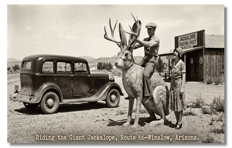 Vintage‑STYLE NEW ART 1930's RPPC-RIDING THE  JACKALOPE-ROUTE 66-WINSLOW--FAUX