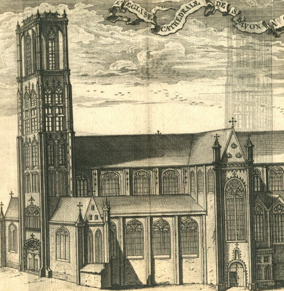 1720 antique drawing SAINT BAVO'S CATHEDRAL GHENT BELGIUM by Jacobus Harrewijn
