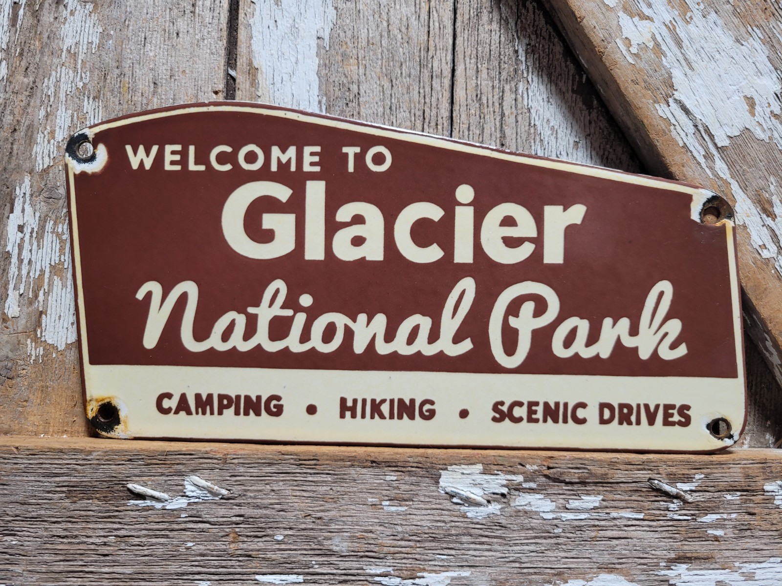 VINTAGE GLACIER NATIONAL PARK PORCELAIN SIGN OLD MONTANA CAMPING HIKING WYOMING