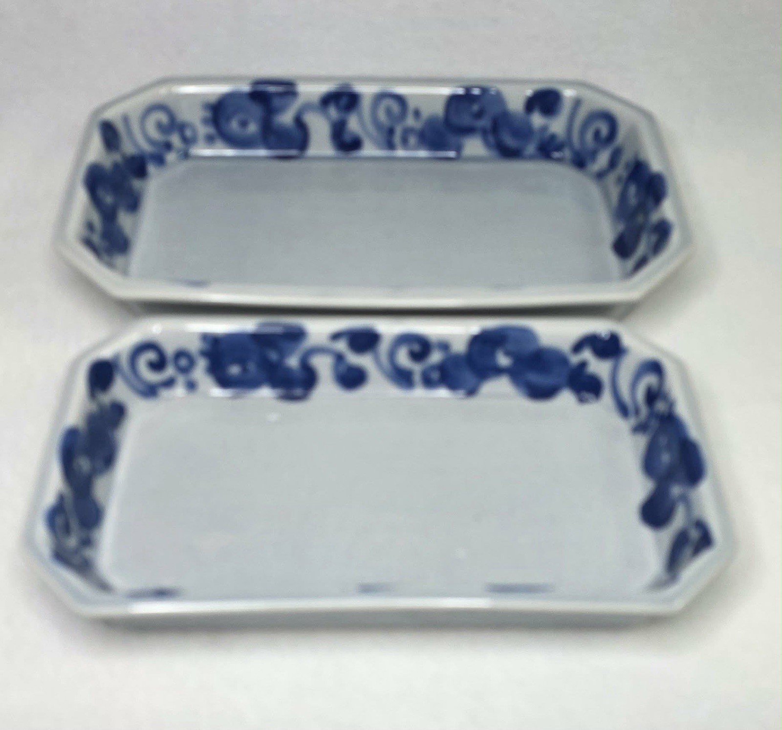 Vtg. Lapid Israel Ceramic Trays Hand Painted Blue Floral Octagon 9.5” & 11”