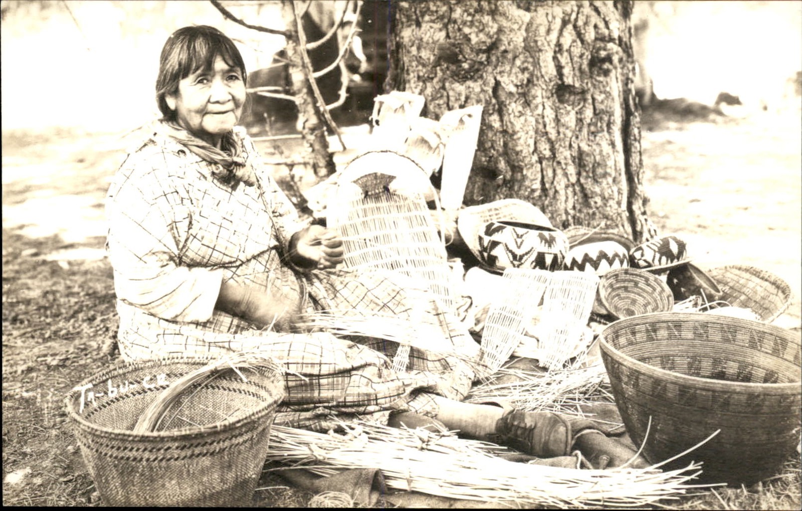 Native Indian woman Ta-Bu-Ce weaving baskets c1920s-30s RPPC bhn