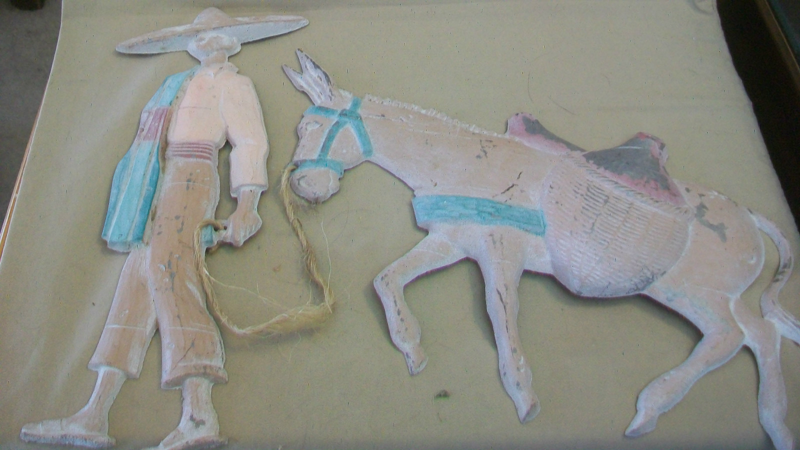 VINTAGE MEXICAN MAN AND BURRO DONKEY METAL WALL HANGING by DD BOBO