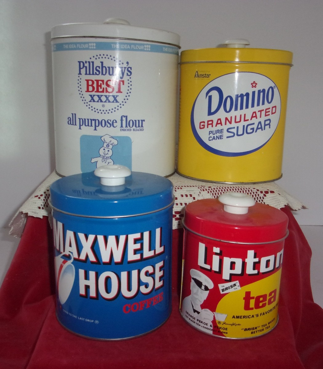 J L Clark tin canister set 8 pc Pillsbury Domino Maxwell House Lipton vntg 60's
