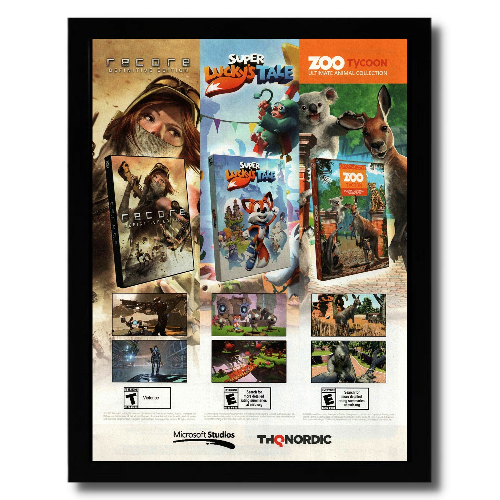 2018 Microsoft Video Games Framed Print Ad/Poster Recore/Lucky's Tale/Zoo Tycoon