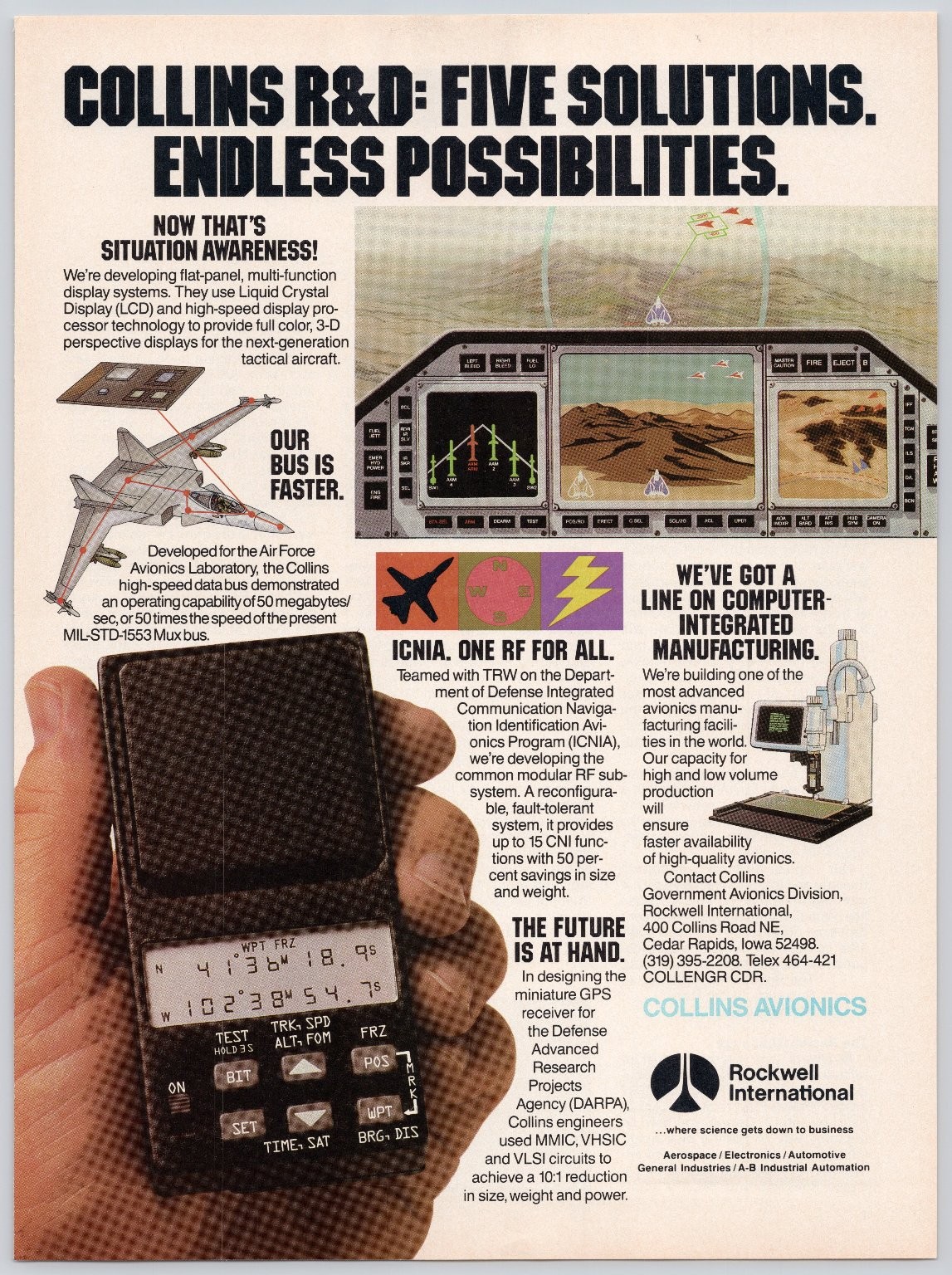 Collins Avionics Rockwell International GPS Tech Vintage 1988 Print Ad