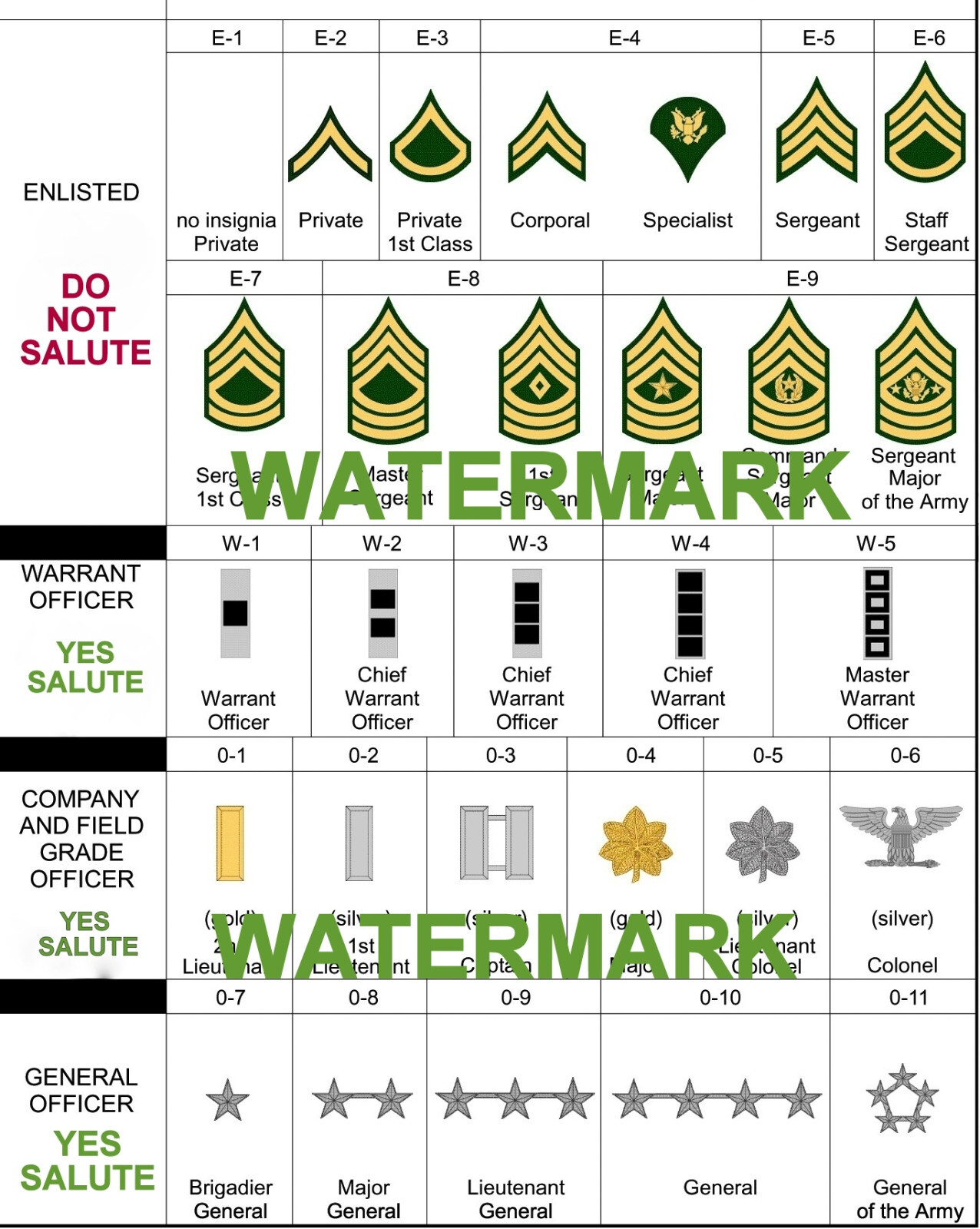 2025 UNITED STATES ARMY RANK CHART PHOTO REFERENCE ENLISTED OFFICER ALL SIZES