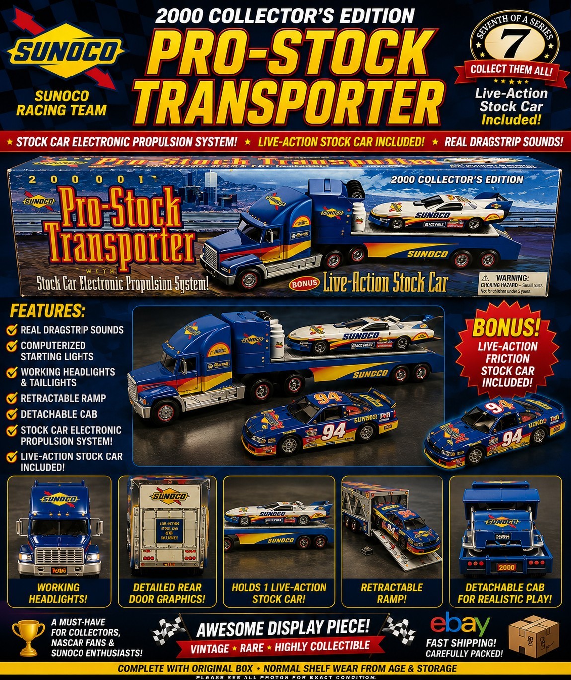Sunoco 2000 Pro Stock Transporter Collector Edition 7 in Series & stock car NIB