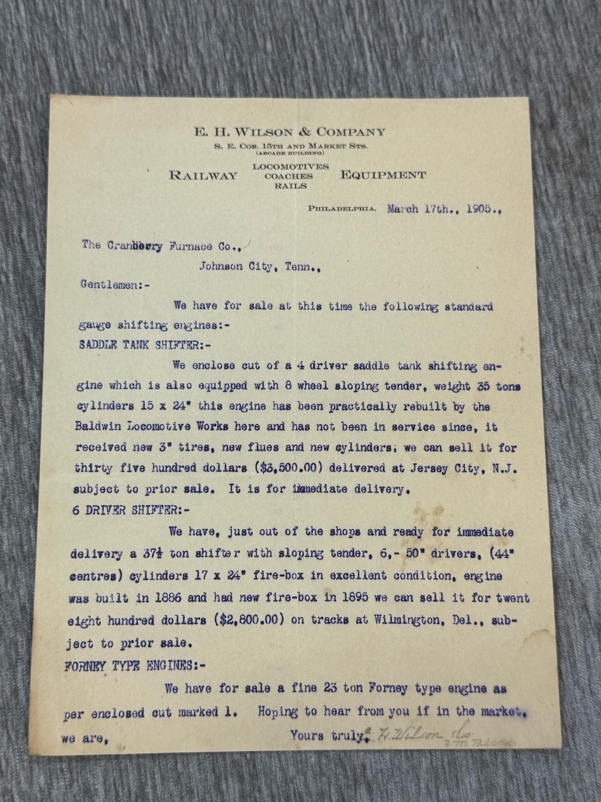 Antique 1905 E H Wilson Railway Equipment Letter Philadelphia Locomotive Sale