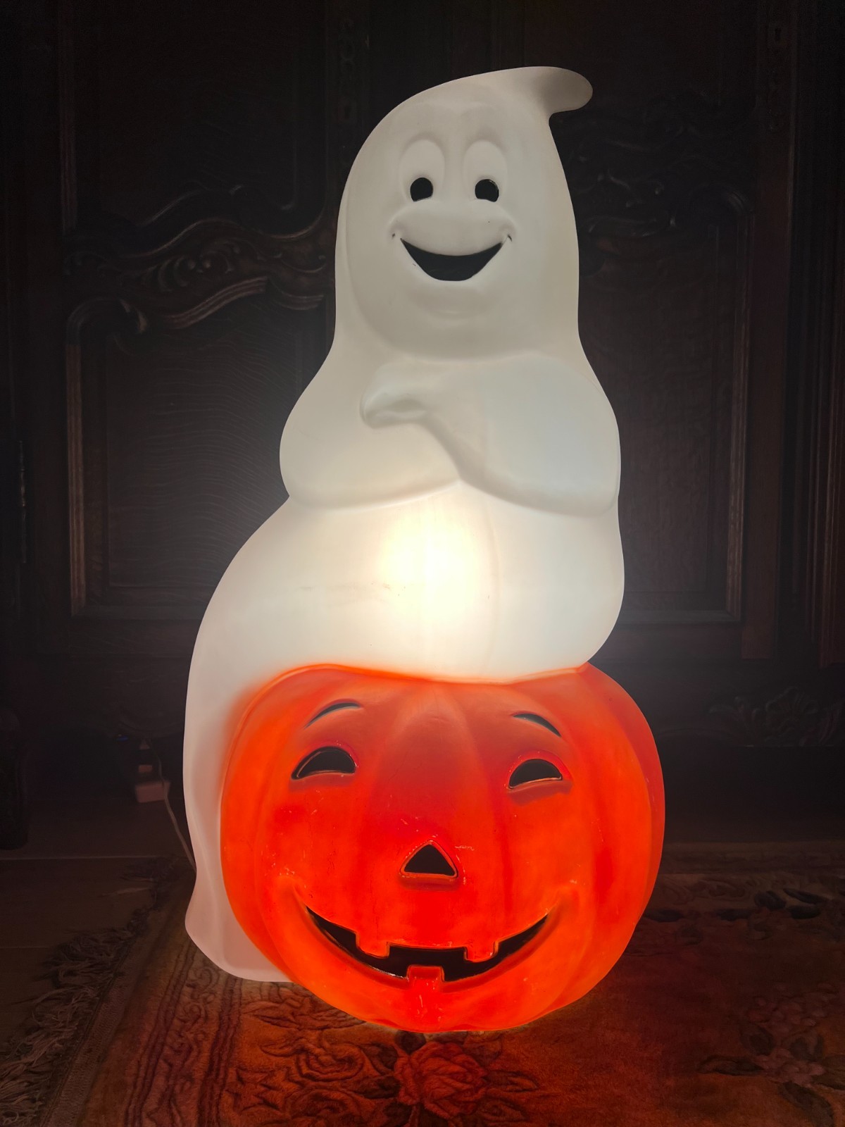 Vintage Empire 34” Tall Ghost Sitting On Pumpkin Jack O Lantern Blow Mold