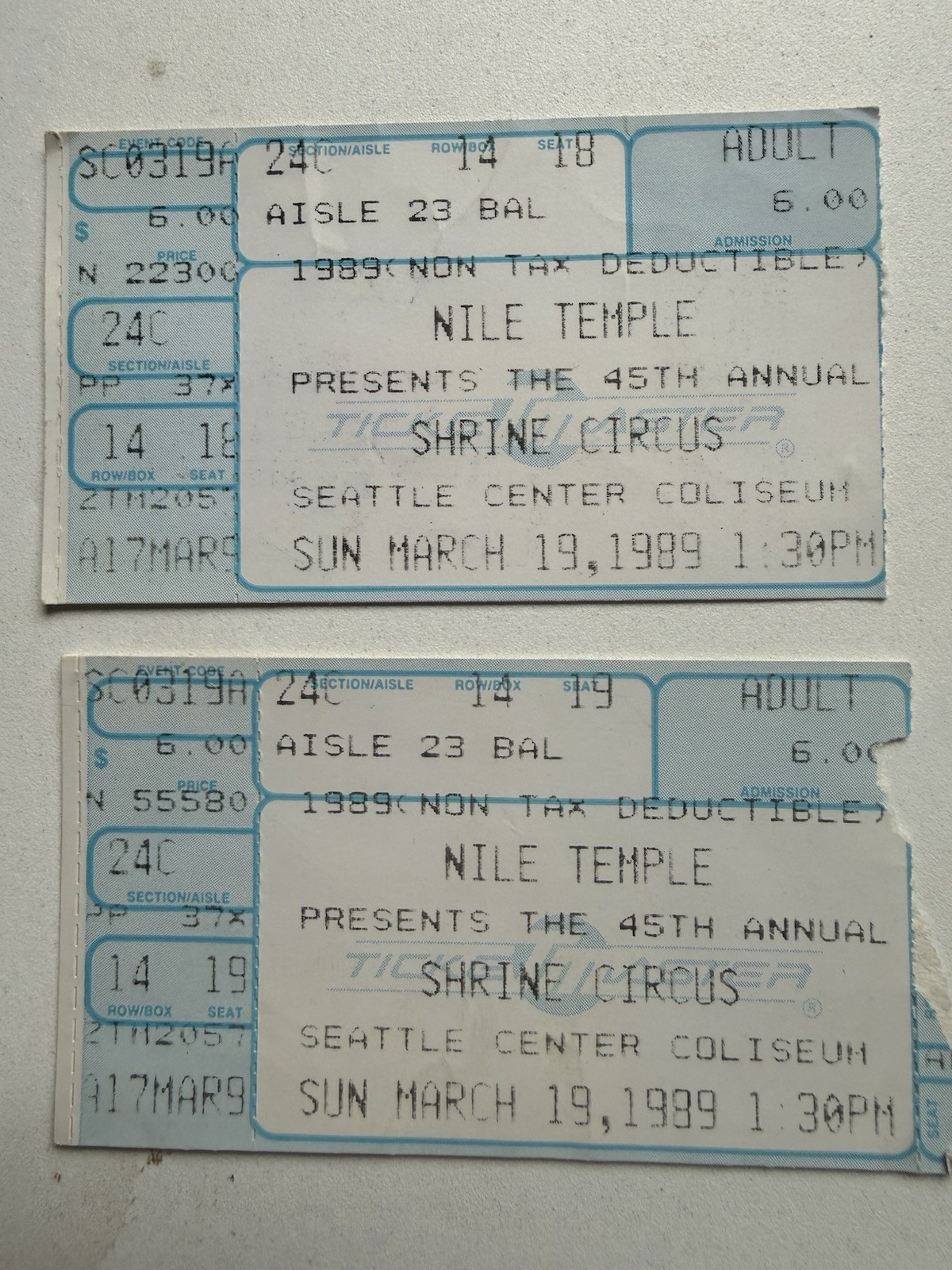 2 Vintage 1989 Nile Temple Shrine Circus Seattle Coliseum Ticket Stubs