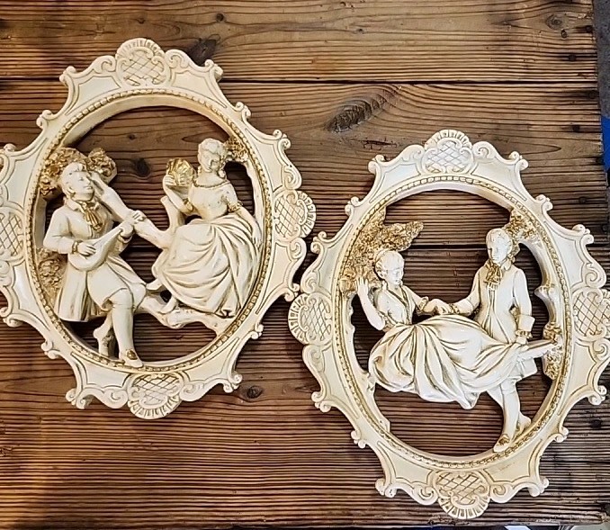 Vintage Pair of Framed Lovers Couting- Universal Statuary Corp Wall Plaques-1957