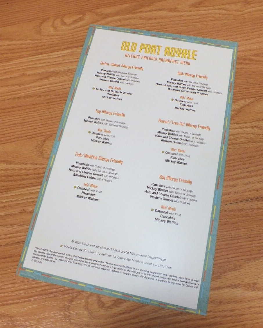 Disney Old Port Royale Allergy Friendly Lunch Dinner Breakfast Menu