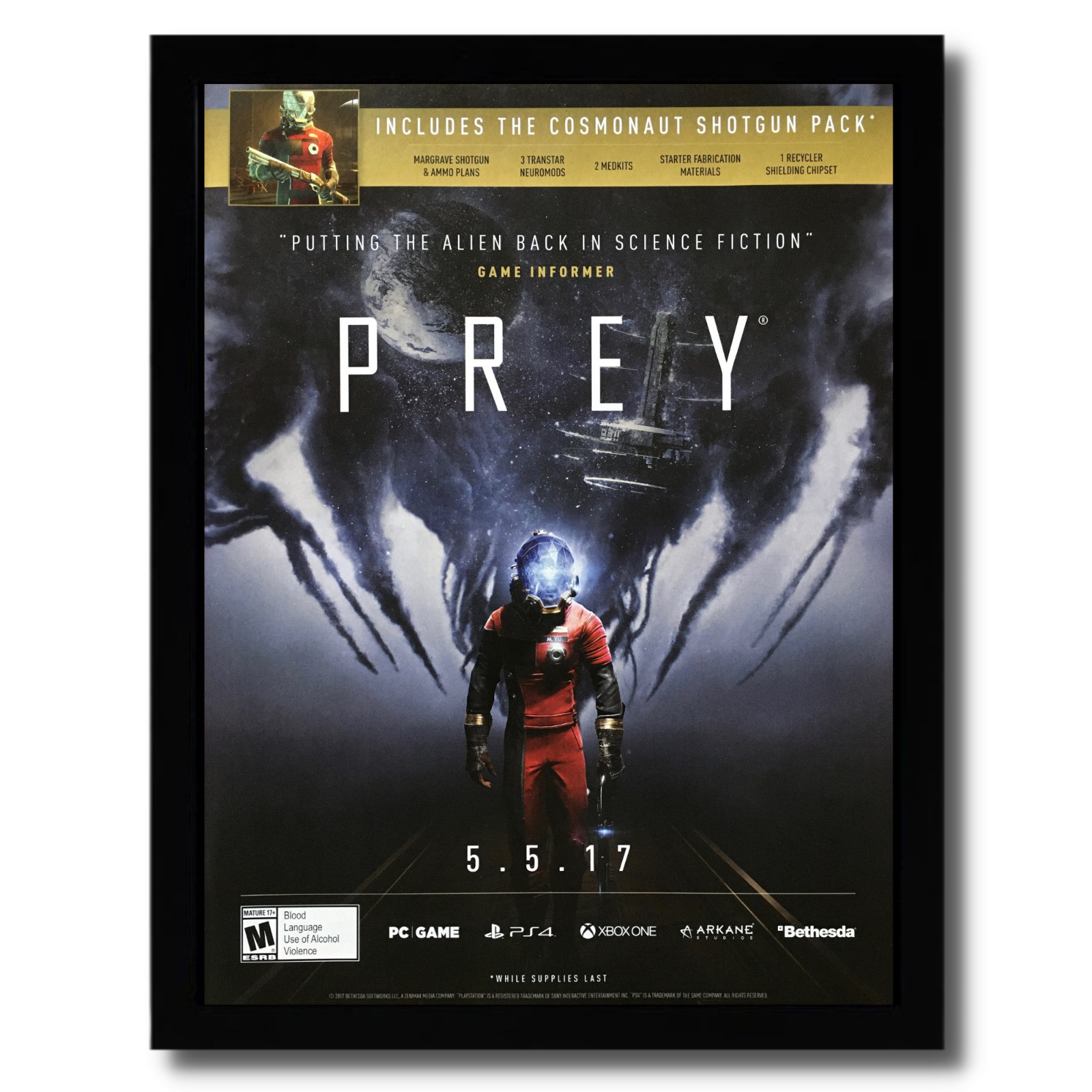 2017 PREY Framed Print Ad/Poster PS4 Xbox One PC Sci-Fi Aliens Horror Game Art