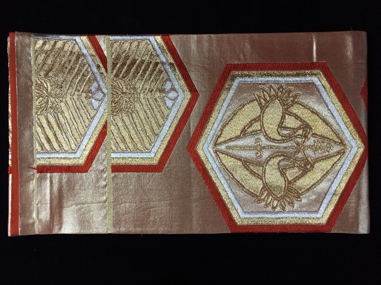 T1773 Vintage Japanese Silk Fukuro Obi Belt Kimono Fabric Hexagon Crane Art