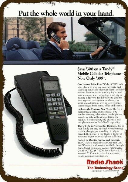 1989 Radio Shack Mobile Cellular Telephone **DECORATIVE REPLICA METAL SIGN**