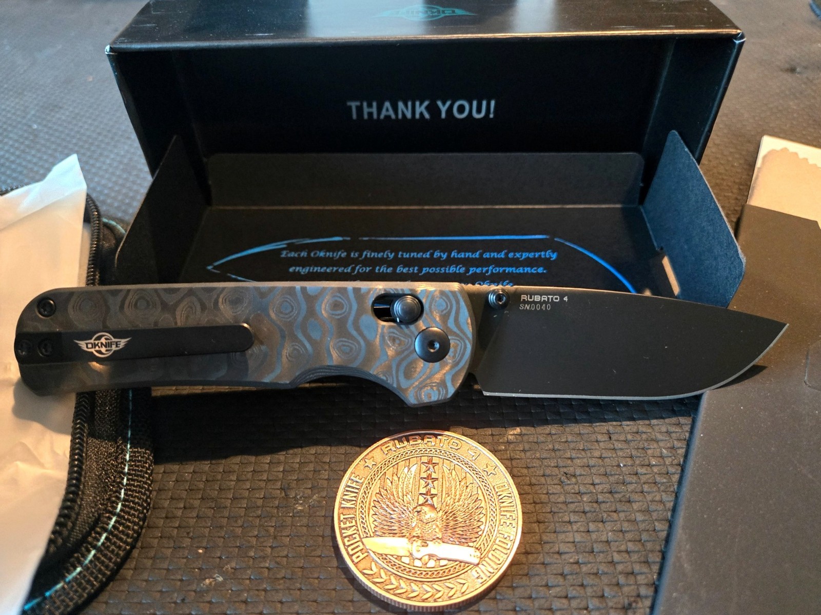 Oknife Rubato 4 Carbon Fiber CPM-S35VN Rail Lock LNIB SN 0040 w/Coin