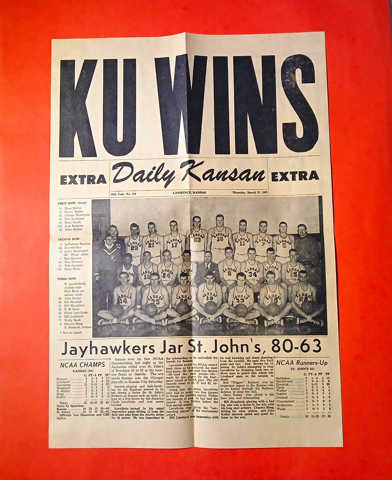 Kansas University 1952 Daily Kansan KU Wins Parade Handout Flyer NCAA Champs 75