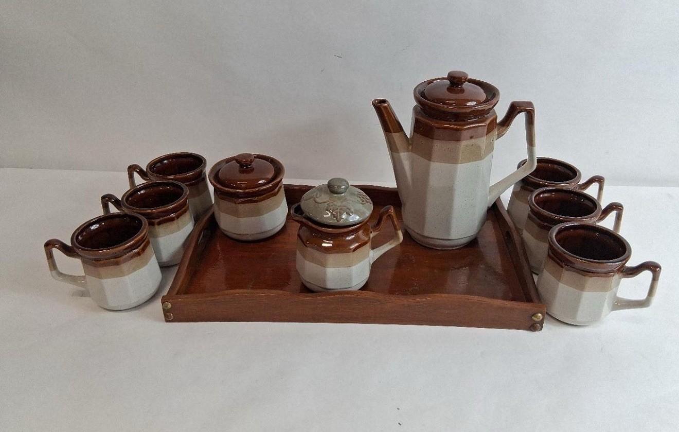 Vintage Brown Beige Stoneware Coffee Set w/ Wooden Tray – 10 Pc Mid Century 