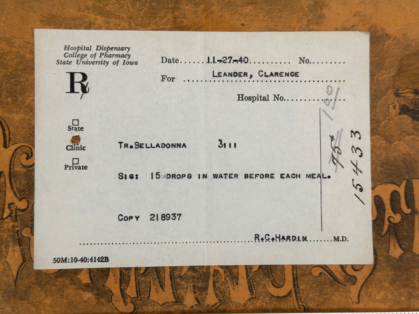 1940 prescription for BELLADONNA College of Pharmacy State University of Iowa
