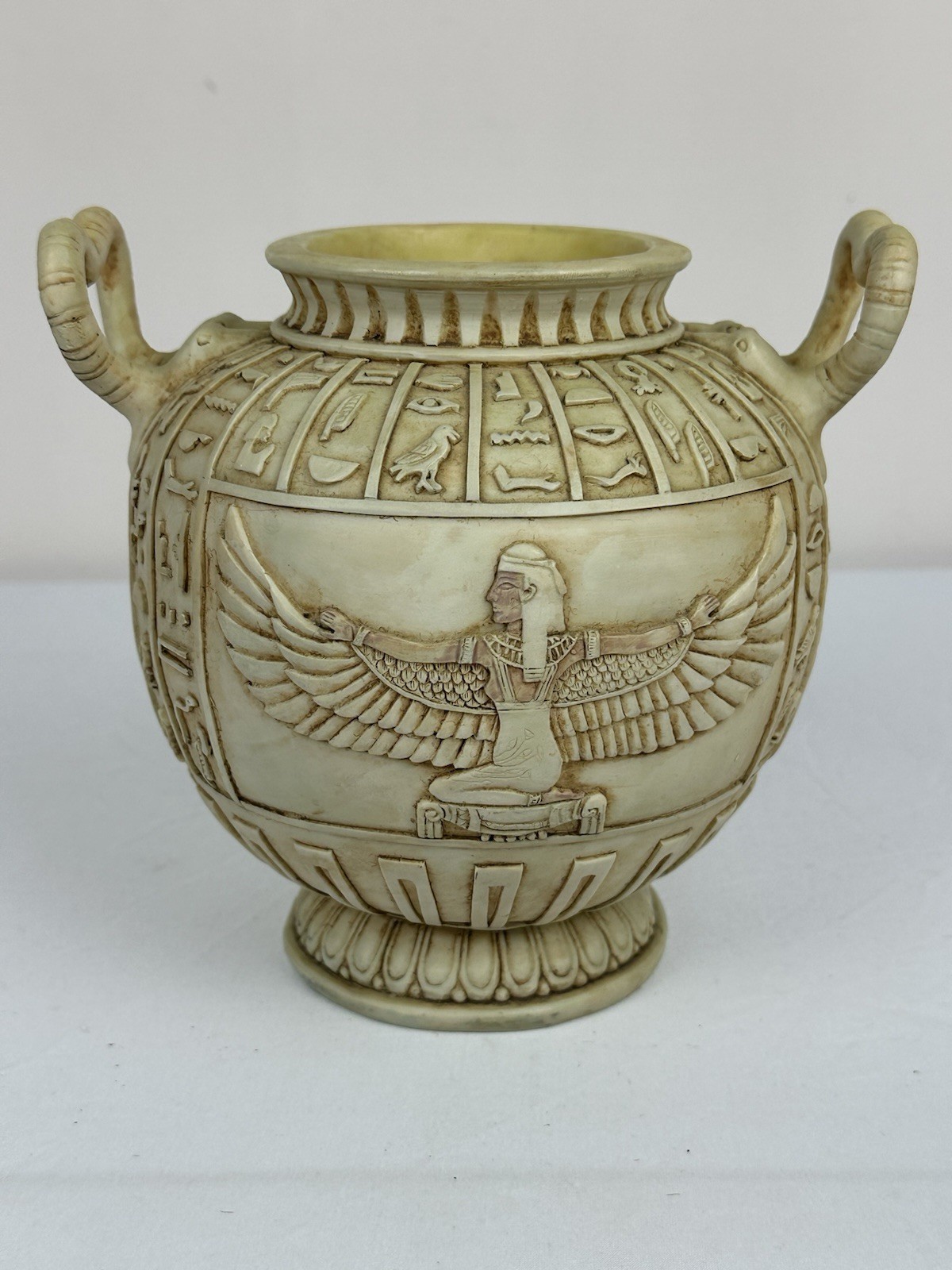 Egyptian Revival Hieroglyphic Urn Vase Winged Goddess Ram Handles 7”