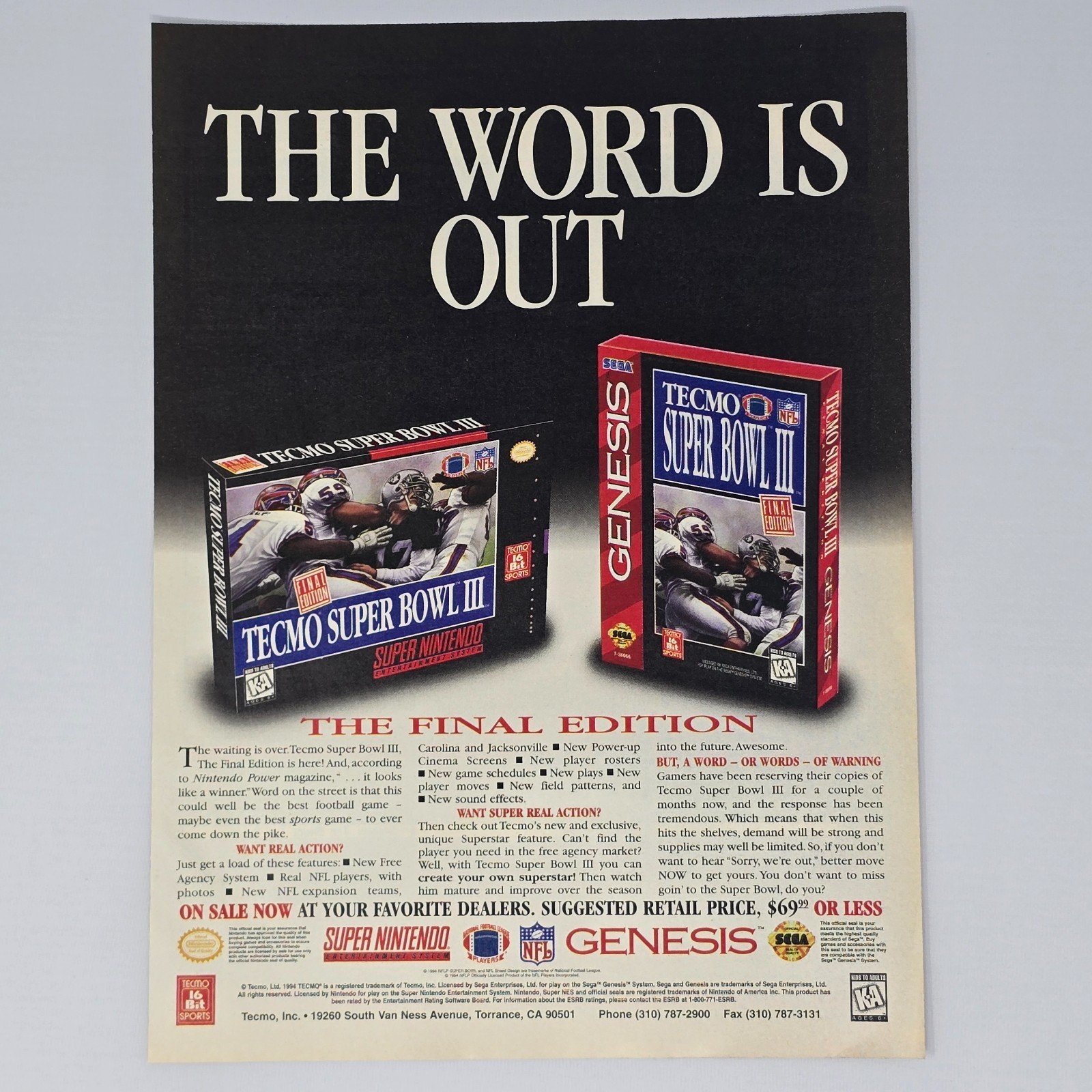 Tecmo Super Bowl 3 Super Nintendo SNES Genesis Word Is Out Print Ad/Poster