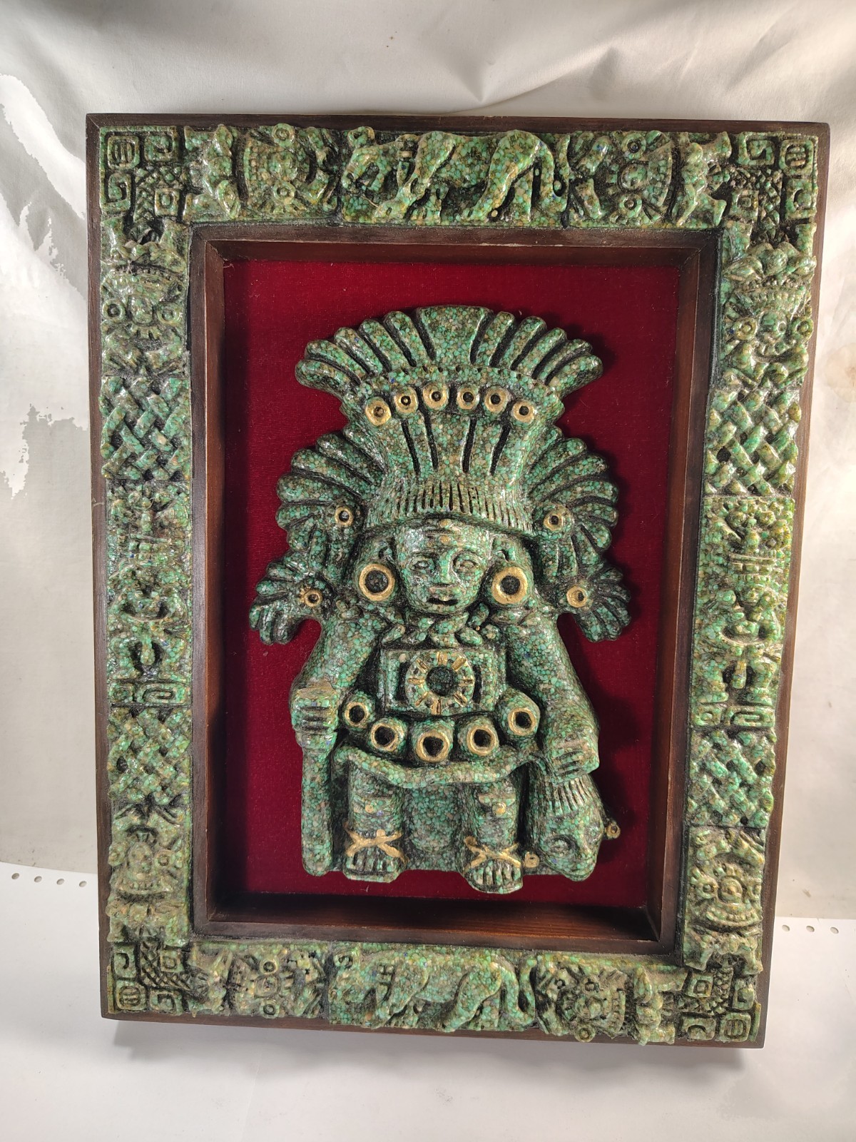 Vintage Zarebski Crushed Malachite And Wood Wall Plaque