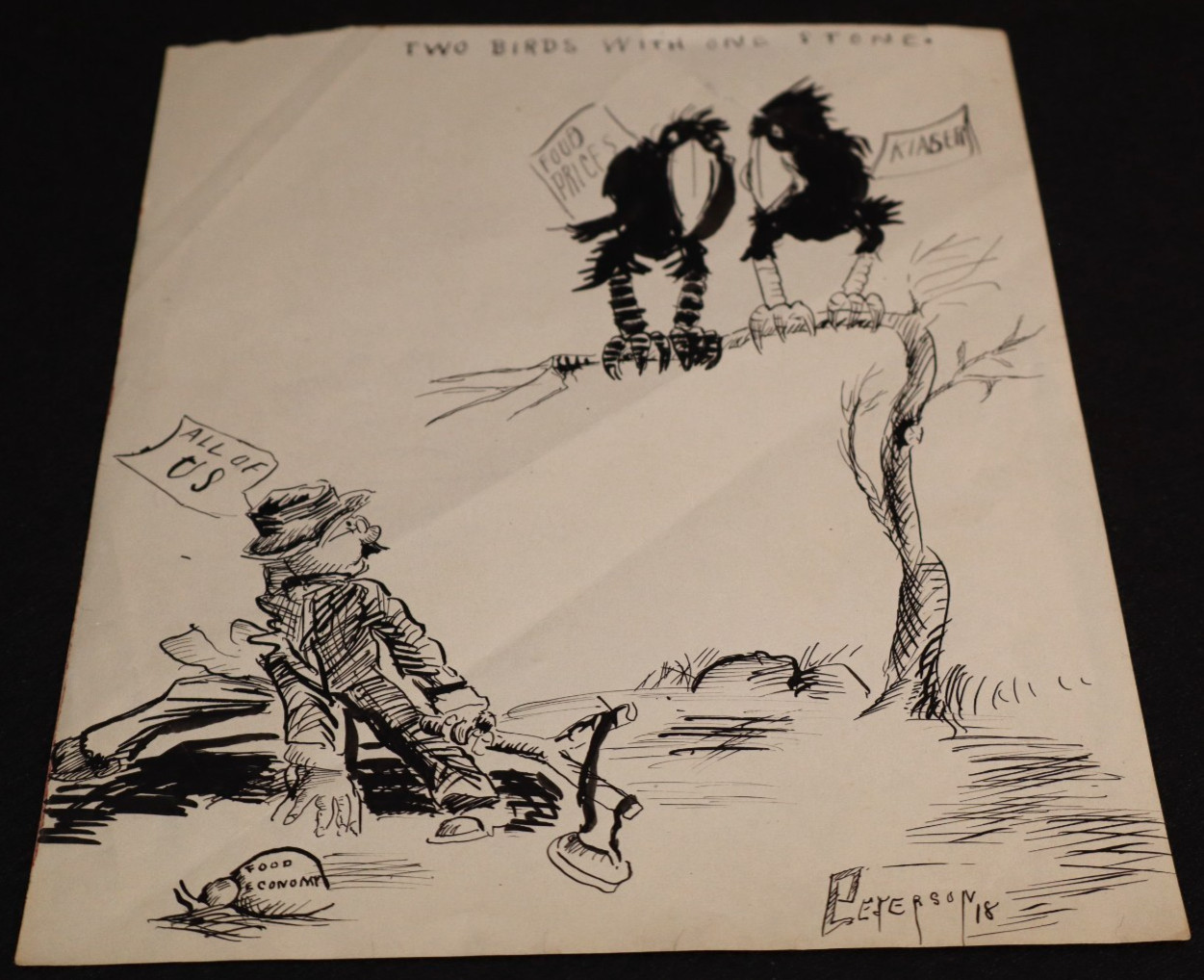 WWI Pen Art Illustration Drawing 'Food Economy Two Birds 1 Stone' Peterson 1918