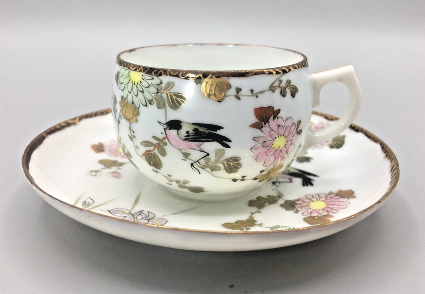 Unique Japanese Kutani Porcelain Cup Saucer Flowers & Birds Hand Painted Antique