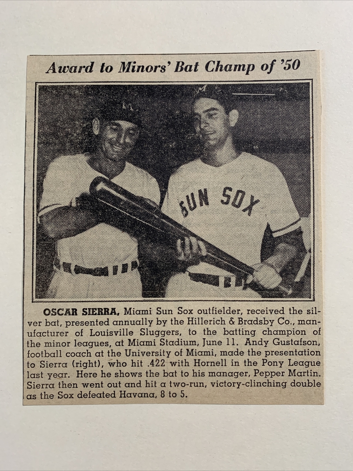 Pepper Martin Oscar Sierra Miami Sun Sox 1951 Sporting News Baseball 4X5 Panel