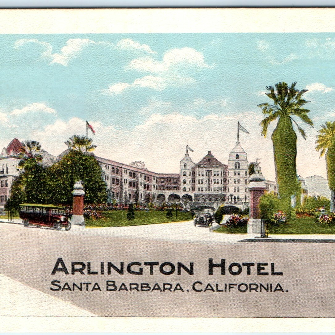 1915 Santa Barbara, CA Arlington Hotel Postcard Auto Bus Edmondson Litho