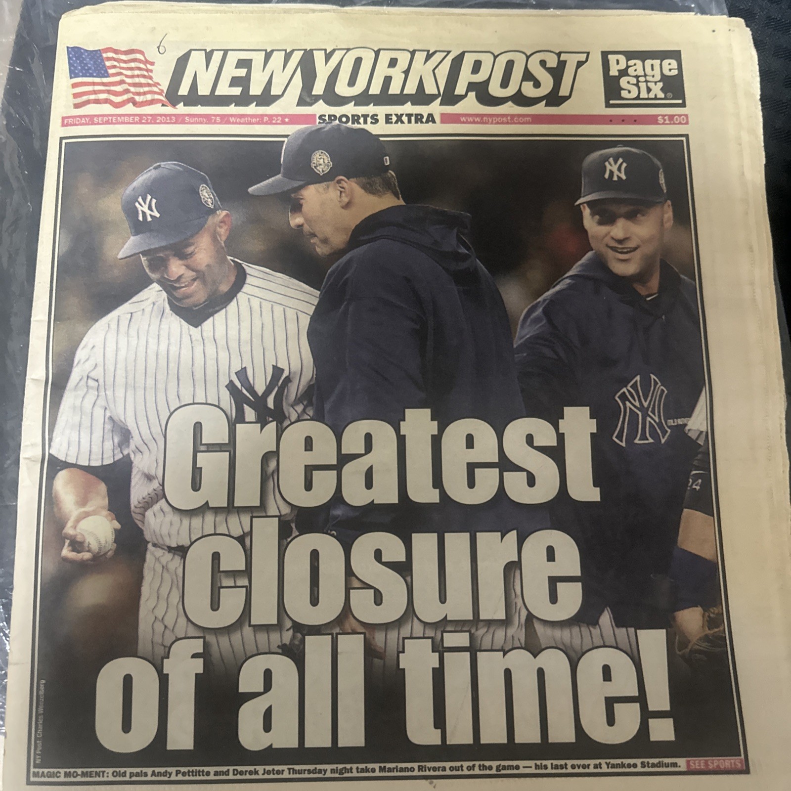 NY Post Newspaper 9/27/2013 Mariano Rivera Retires No Mo Mo, Greatest Closure