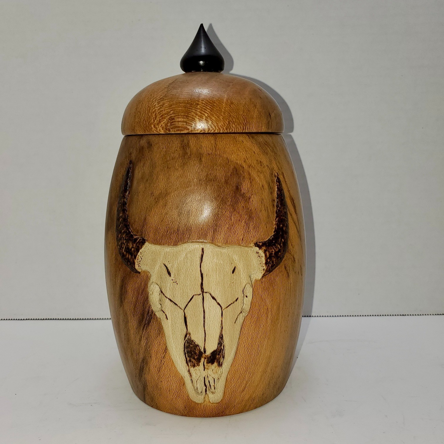 Vintage Hand-turned Wooden Cremation Urn Engraved Buffalo Skull
