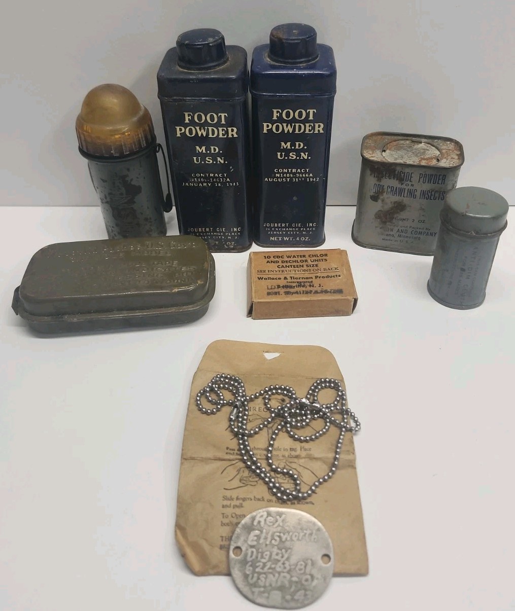 WWII US Navy USN Medical Lot Foot Powder Tin Dog Tags Distress Light Water Kit