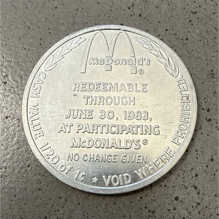 McDonald's 1983 Silver Promotional Token Redeemable