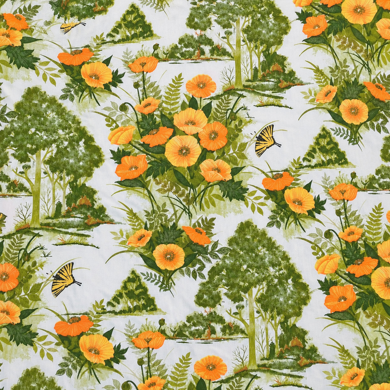 Vtg 70s Cannon Mills Uncut Factory Fabric Summer Scene Poppies 7.4 Yd x 84\