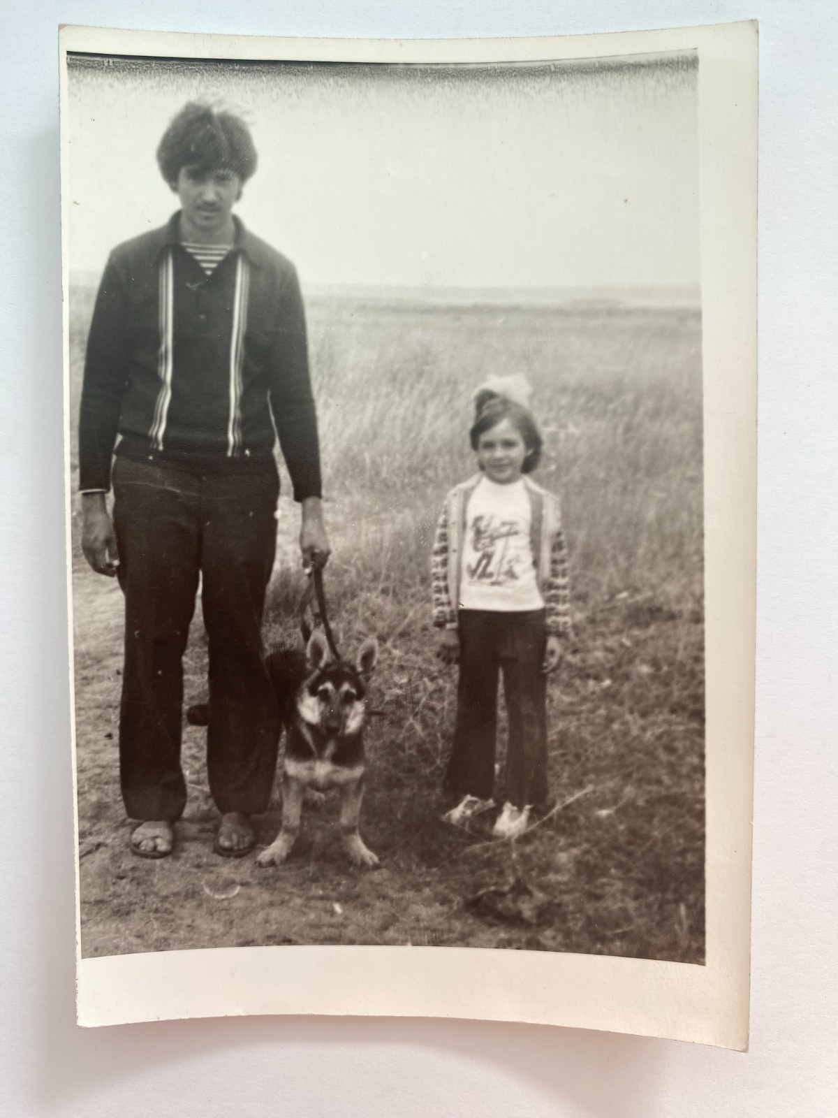 Handsome young man with daughter and dog family child kid Vintage Photo