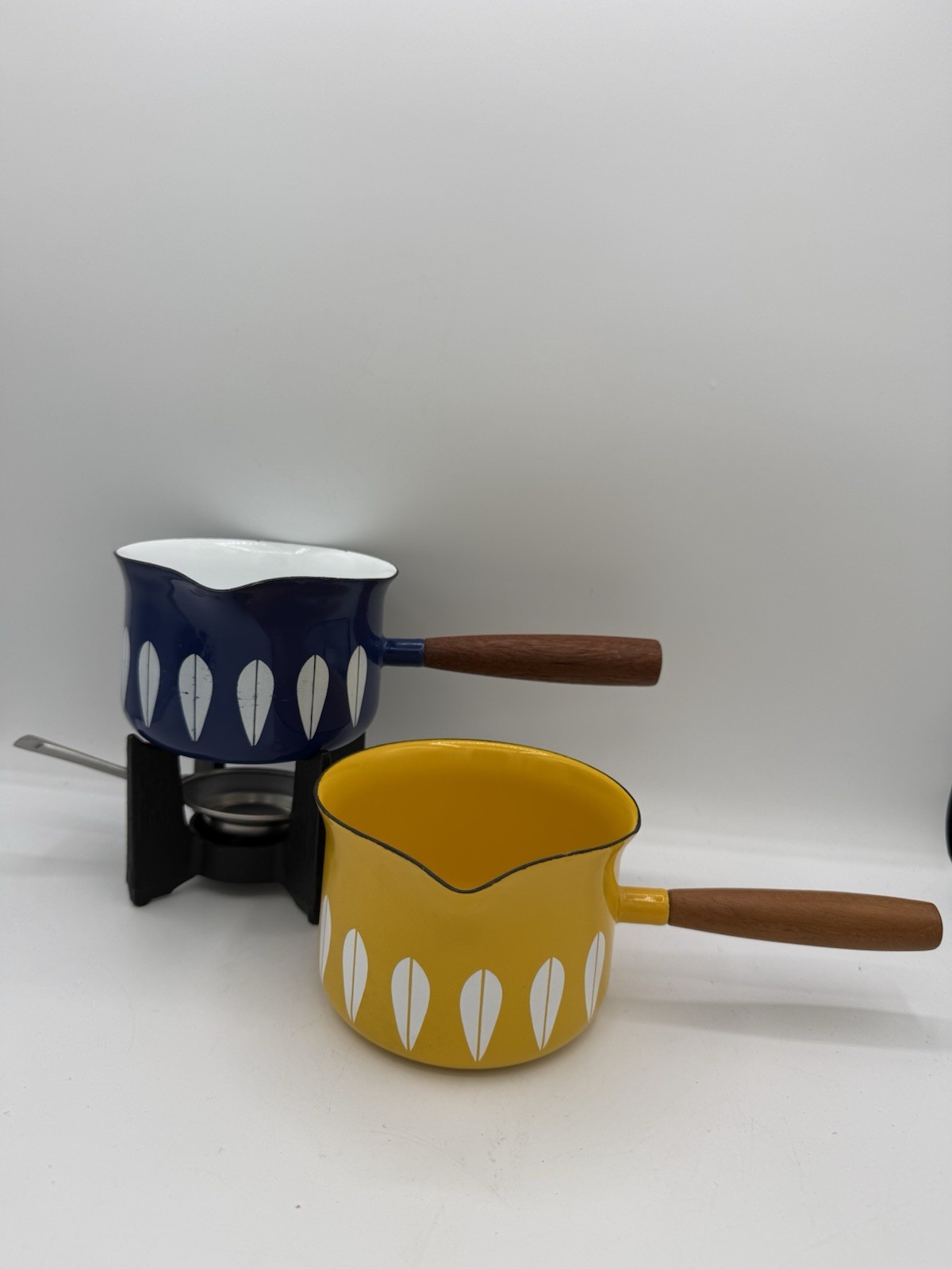 Cathrineholm Yellow & Blue Lotus Striped Butter Warmers With Stand Vintage Mcm