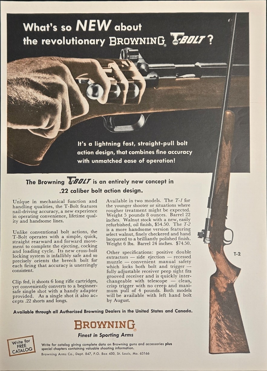 Browning Arms 1966 Browning T-Bolt .22 Caliber Rifle Vintage Print Ad Outdoors