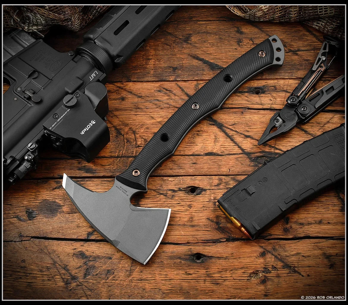 RMJ Tactical Tomahawk Storm Crow 80CrV2 Tungsten Body Black G10 Black Sheath