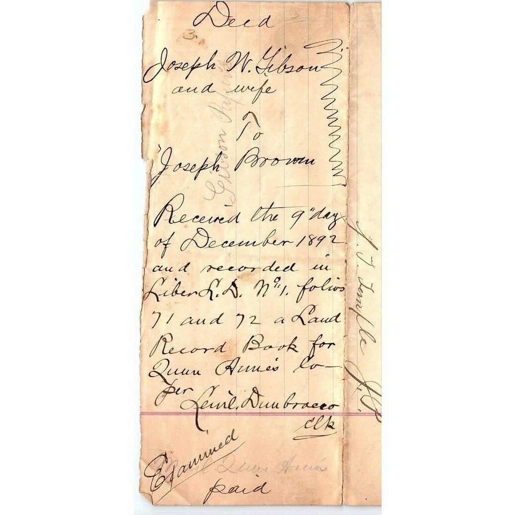 1892 QUEEN ANNE\'S COUNTY MARYLAND LAND SALE CONTRACT JOSEPH W GIBSON Z106