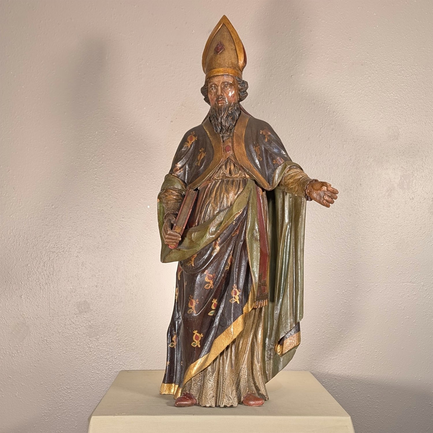 Antique French Gothic Revival Polychrome Wood Bishop Saint Statue 38\