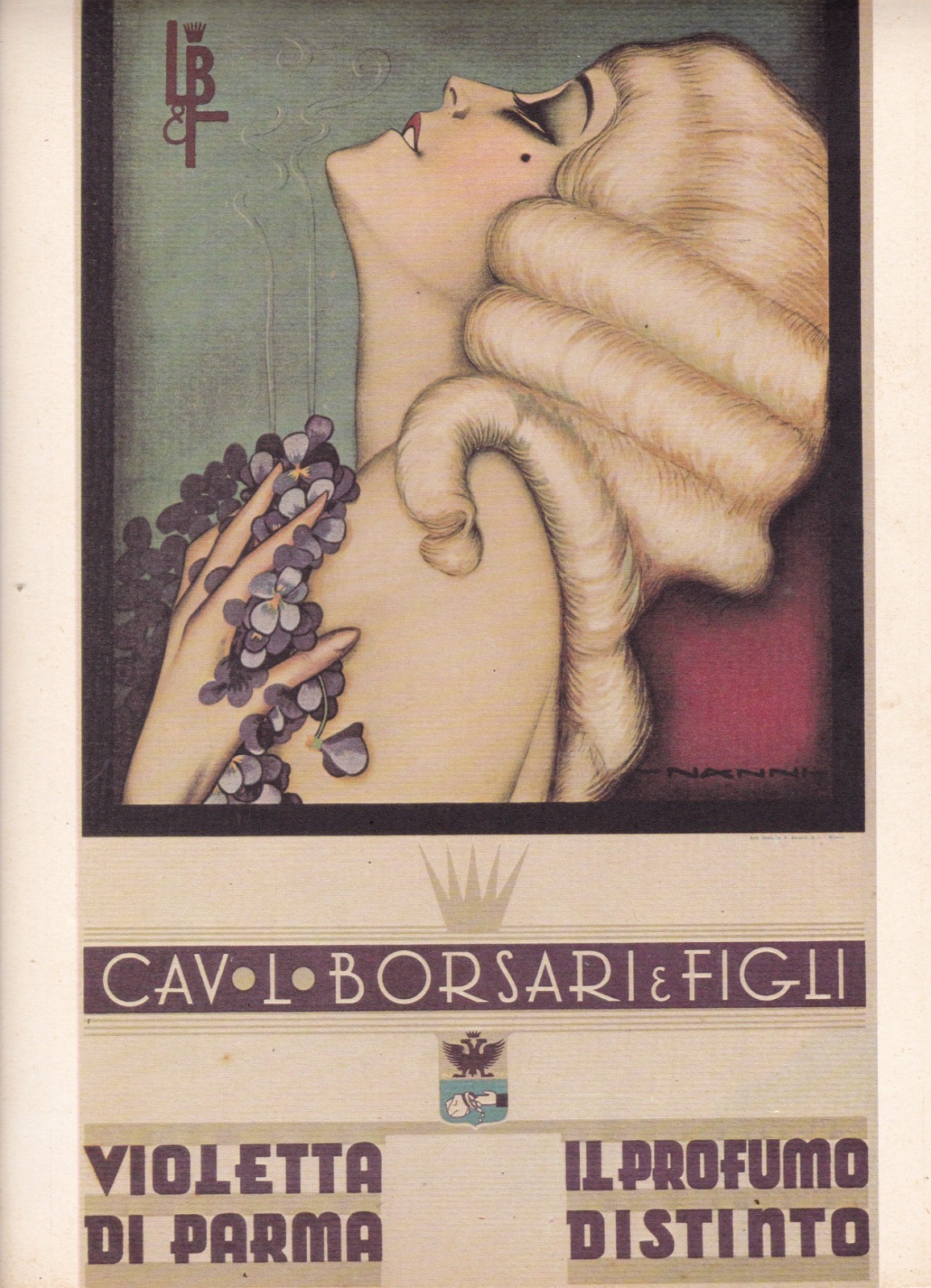 Rare Advertising Vintage Cardboard BORSARI VIOLETTA DI PARMA Nanni dis. 1930c.