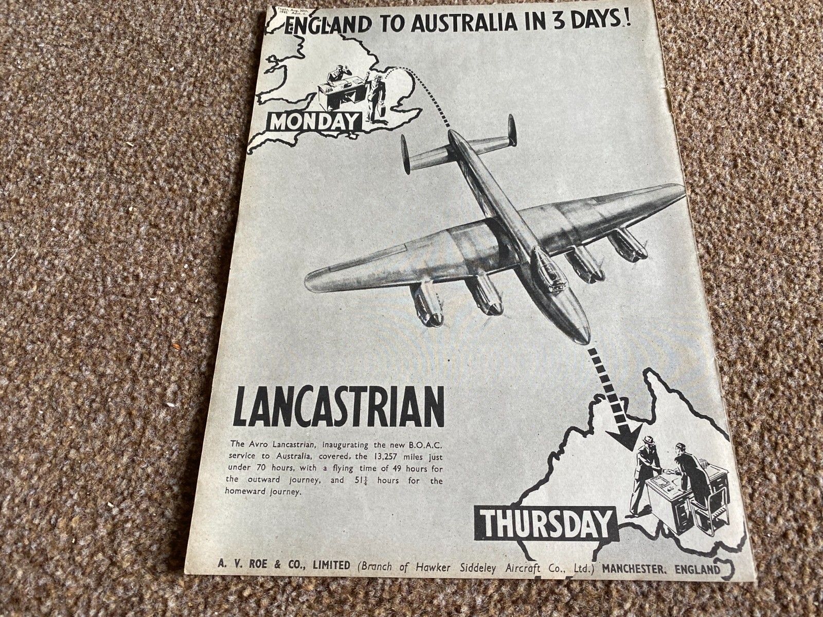 FABK16 ADVERT 11X8 THE LANCASTRIAN ENGLAND TO AUSTRALIA IN 3 DAYS