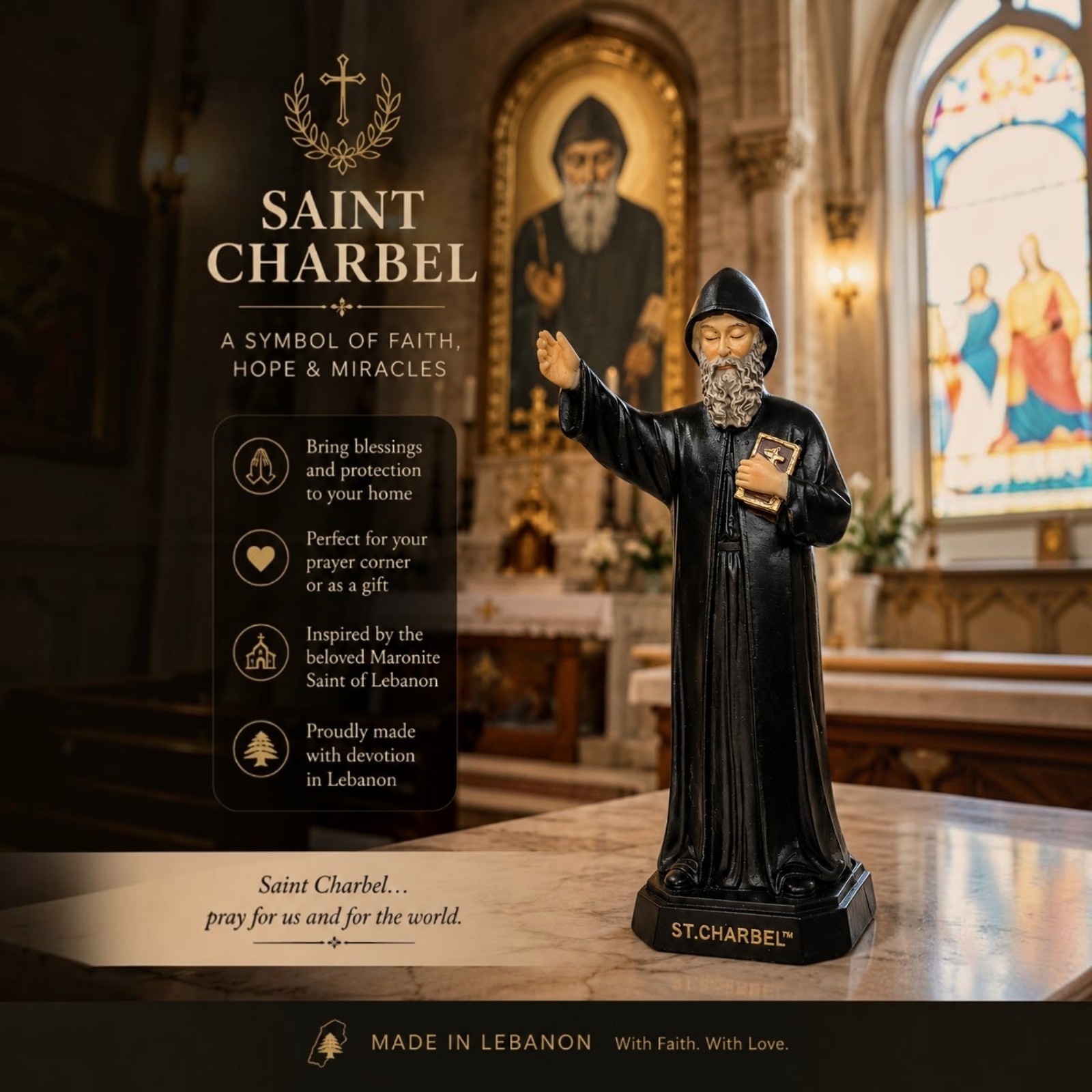 St. Charbel Makhlouf of Lebanon Holy Statue 13 Cm + GIFT Rosary Holy Land