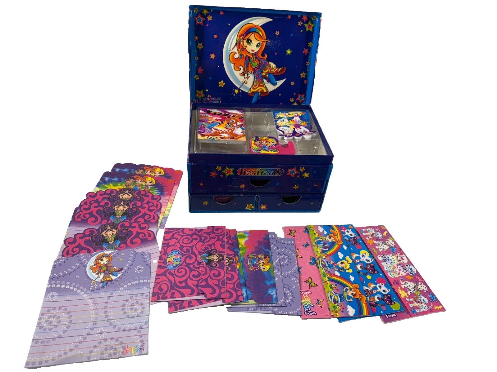 Lisa Frank Hippie Moon Star Girl Cardboard Stationary Jewelry Box w/ Accessories
