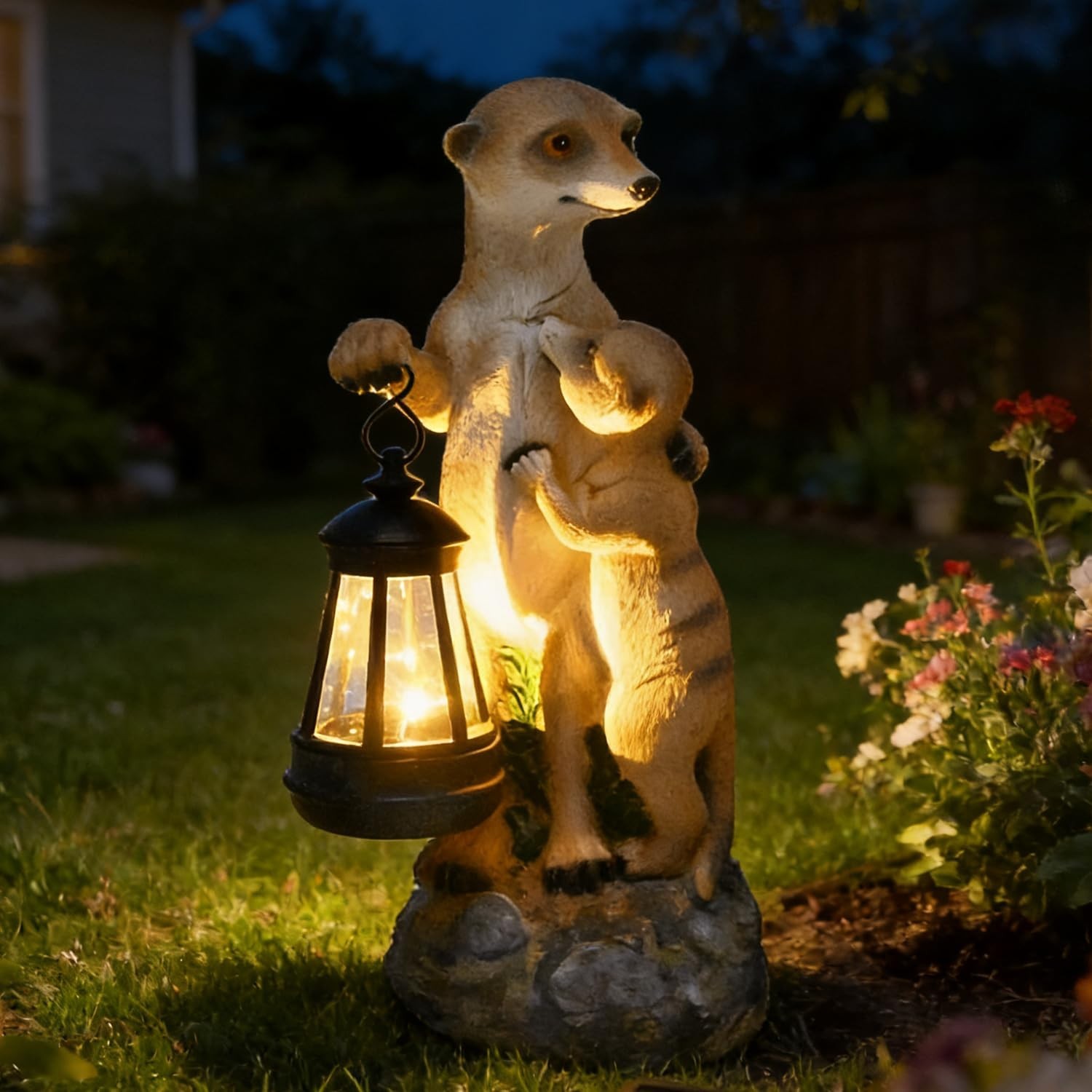 Meerkat Mother & Baby Solar Garden Statue Outdoor Decor Resin Figurine with L...