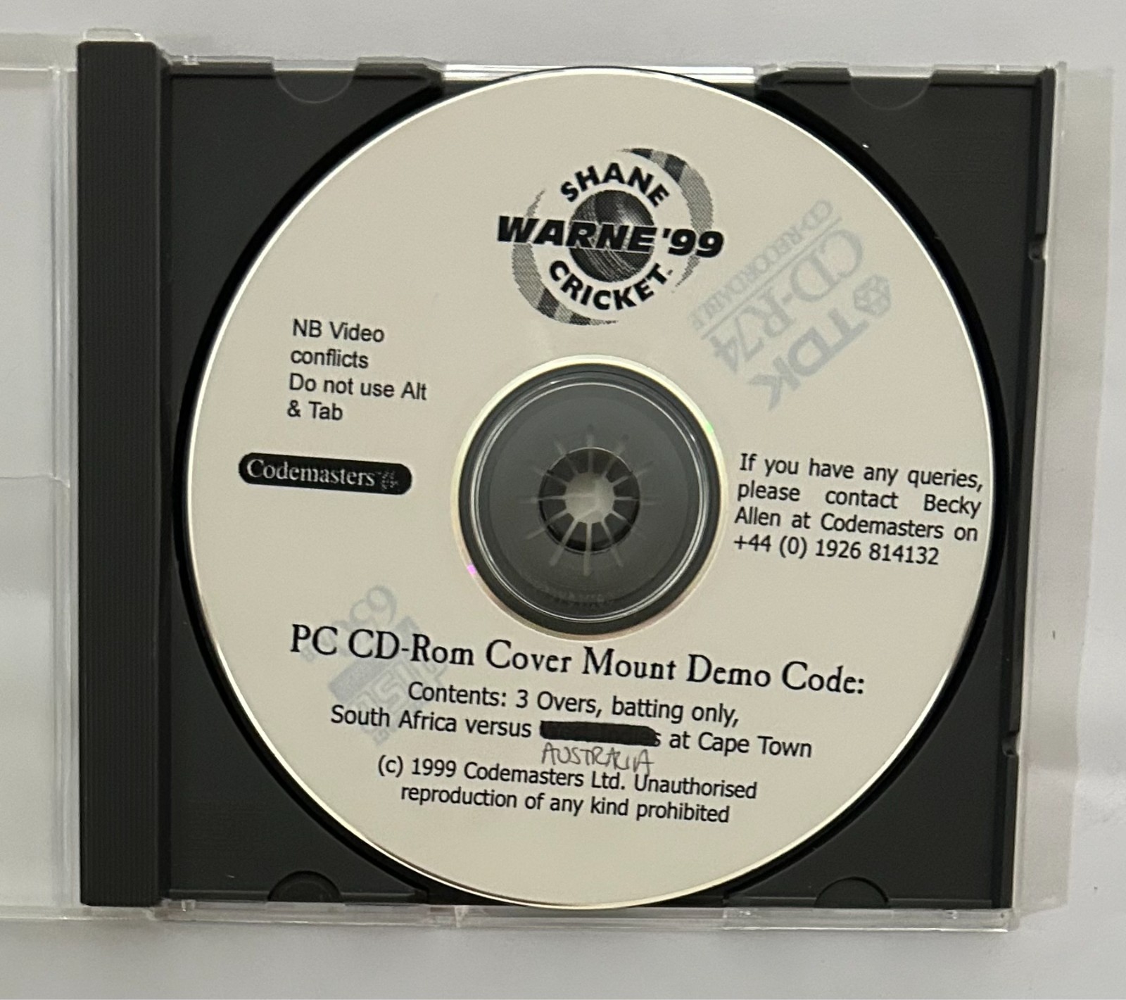 Shane Warne Cricket '99 Demo Code - Codemasters January 1999 - PC - Rare disc