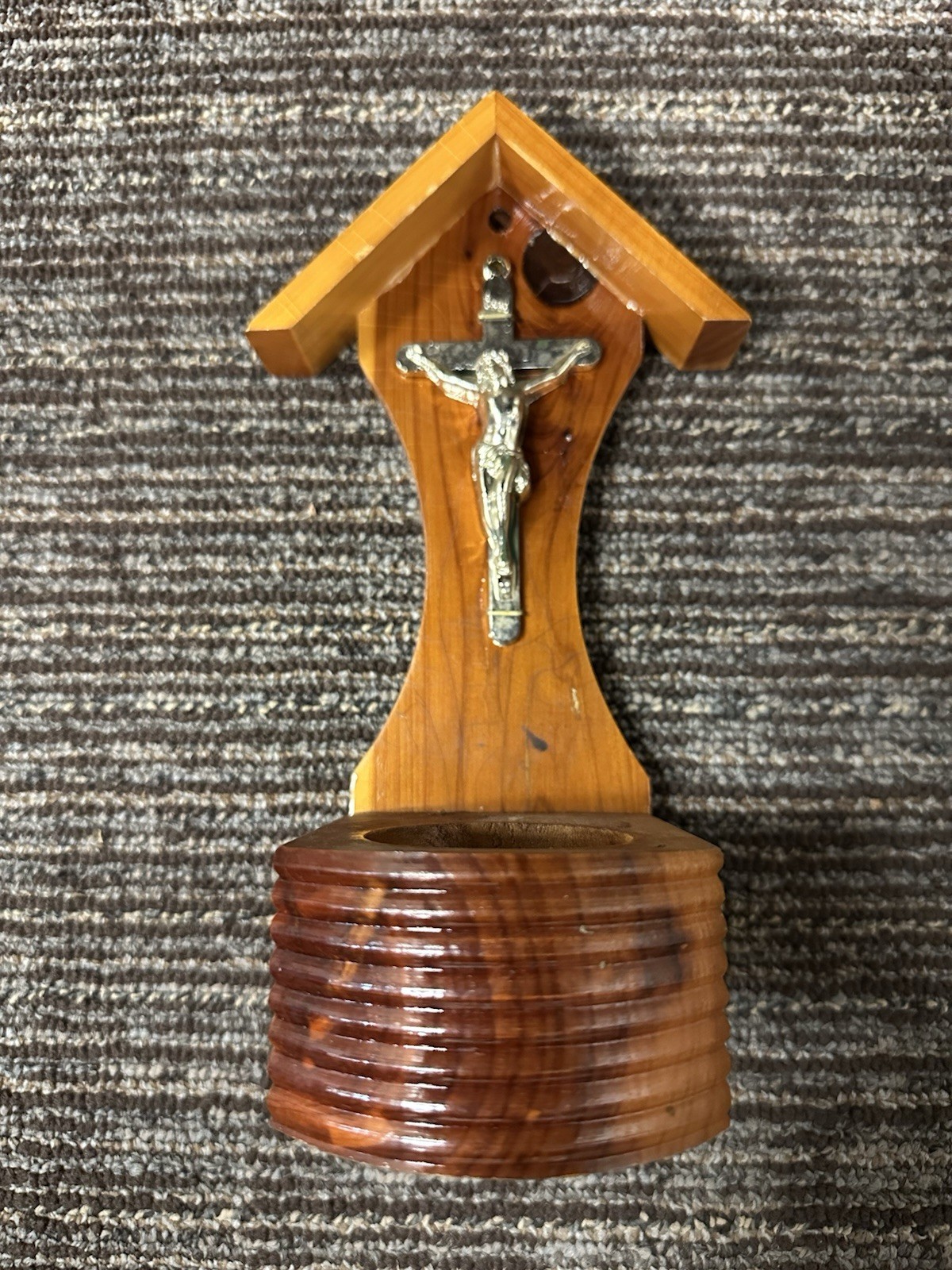 Vintage Handmade Wooden Crucifix Votive Holder 9\