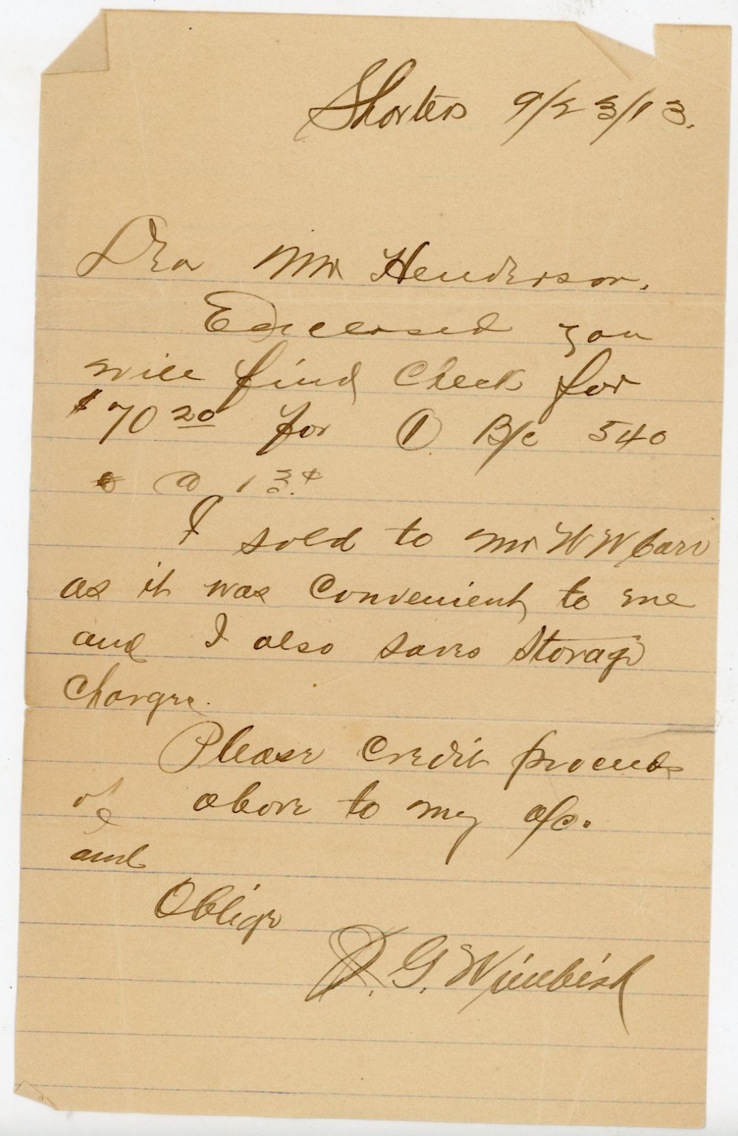 1913 Handwritten Business Letter Storage bill Signed JG Wimbish Shorter Alabama